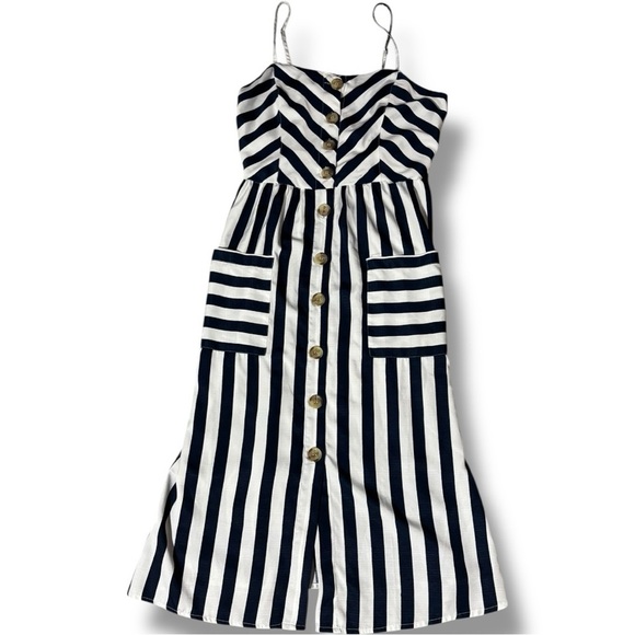 Style House Navy/White Stripe Sleeveless Button Down Front Midi Dress w/ Pockets - Picture 8 of 16